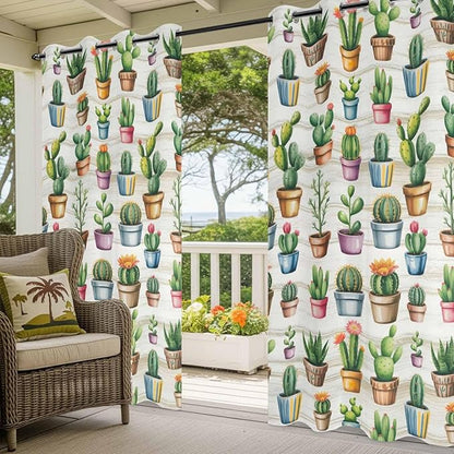 Summer Cactus Outdoor Curtains for Patio Cactus Tropical Plant Wooden Waterproof Outside Curtains with Grommet Top Weatherproof Curtain for Cabana Pergola Gazebo, 2 Pack, 54" W x 84" L