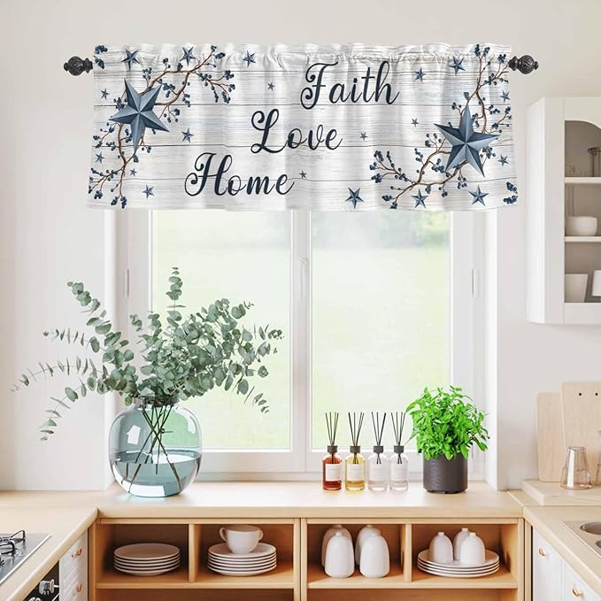 Farmhouse Kitchen Curtains Set 3 Piece for Windows,Rod Pocket Valance and Tier Set 36 Inch Length,Blue Country Texas Star Vintage Berries Wooden Light Filtering Cafe Curtains for Living Room