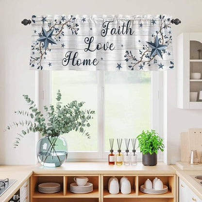 Farmhouse Kitchen Curtains Set 3 Piece for Windows,Rod Pocket Valance and Tier Set 36 Inch Length,Blue Country Texas Star Vintage Berries Wooden Light Filtering Cafe Curtains for Living Room