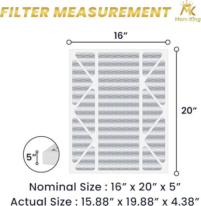 MervKing 16x20x5 Air Filter Actual Size: 15.88" x 19.88" x 4.38" MERV 8 MPR 600-700 | MADE IN USA | 1-Pack | Pleated HVAC AC Furnace Replacement