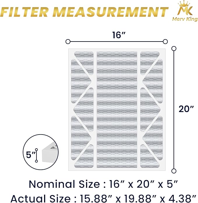 MervKing 16x20x5 Air Filter Actual Size: 15.88" x 19.88" x 4.38" MERV 8 MPR 600-700 | MADE IN USA | 4-Pack | Pleated HVAC AC Furnace Replacement