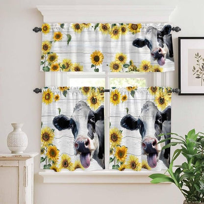 Kitchen Curtains Tiers and Valance Set of 3, Cow Sunflowers Light Filtering Window Curtain Set, Farmhouse Animals Plants Wooden Grain Rod Pocket Curtain Drapes for Cafe, Living Room, 24 Inches Tiers