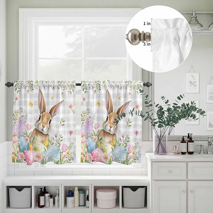 Kitchen Curtains Tiers and Valance Set of 3, Easter Light Filtering Window Curtain Set, Spring Rabbit Eggs Blooms Flowers Leaf Grey Plaid Rod Pocket Curtain Drapes for Living Room, 36 Inches Tiers