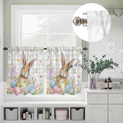 Kitchen Curtains Tiers and Valance Set of 3, Easter Light Filtering Window Curtain Set, Spring Rabbit Eggs Blooms Flowers Leaf Grey Plaid Rod Pocket Curtain Drapes for Living Room, 36 Inches Tiers