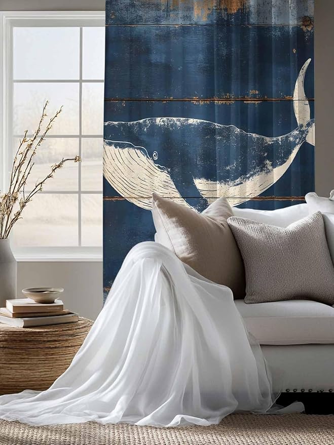 Sheer Curtains 63 Inch Length, Summer Whale Blue Semi Sheer Curtains Light Filtering Window Treatment, Coastal Ocean Vintage Wooden Grain Privacy Voile Drapes for Living Room Bedroom 52x63 Inch