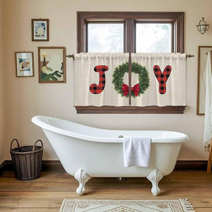 Red Green Christmas Kitchen Tier Curtains 36 Inch Long 2 Panel Set,Rod Pocket Half Window Curtains Over Sink,Farmhouse Xmas Botanical Winter Short Drapes for Bathroom Cafe 27.5"W x 36"L