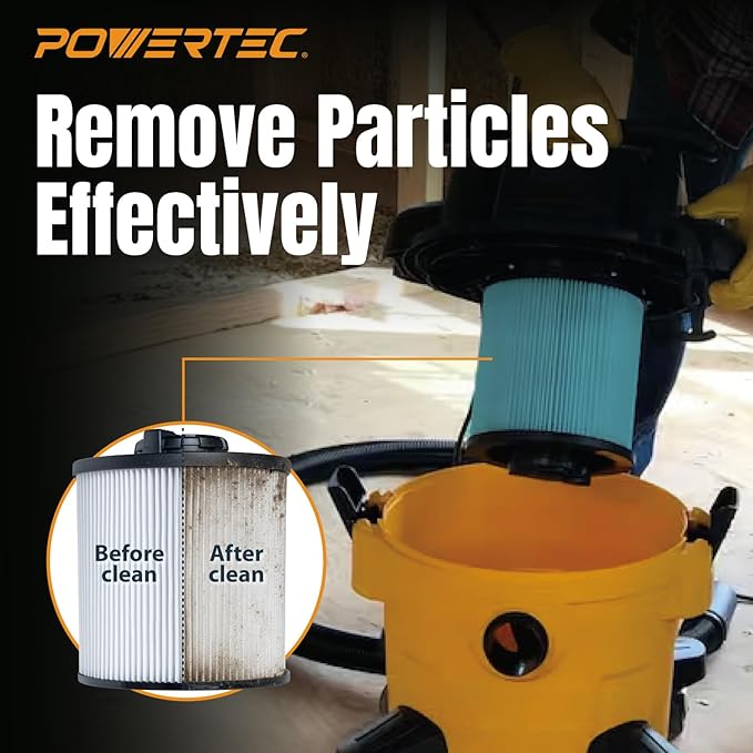 POWERTEC DXVC6910 Cartridge Filter for DeWalt 6-16 Gal. Wet/Dry Vacuums, Shop Vac Filters for DXV09PA, DXV10S-QT, DXV09P-QTA, DXV06P-QT, DXV10P-QT Shop Vacuum, 2 Pack (75120-P2)