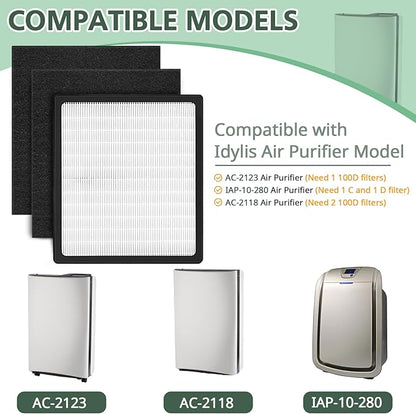 Replacement Filters D for Idylis IAF-H-100D AC-2118 AC-2123 IAP-10-280 IAP10280 Idylis Air Purifiers D Type， Includes 1 HEPA Filter & 2 Carbon Filters