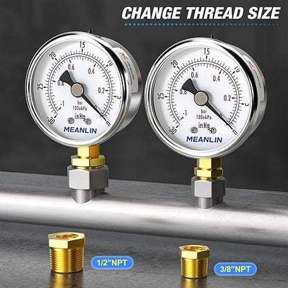 MEANLIN MEASURE -30inHG~0Psi Vacuum Gauge Stainless Steel 1/4" NPT 2" FACE DIAL Waterproof for Air Compressor HVAC Negative Pressure Hand Pump Pool Lower Mount, with 1/2" NPT and 3/8" NPT Hex Bushing