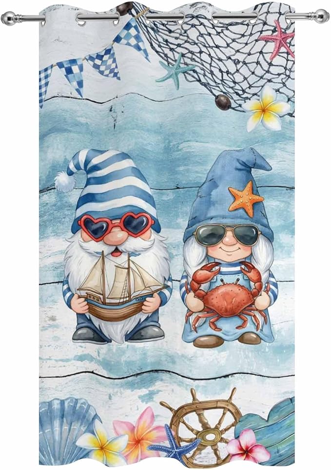 Ocean Gnome Outdoor Curtains for Patio Summer Marine Plumeria Shell Wood Blue Waterproof Outside Curtains with Grommet Top Weatherproof Curtain for Cabana Pergola Gazebo, 1 Panel, 54" W x 95" L