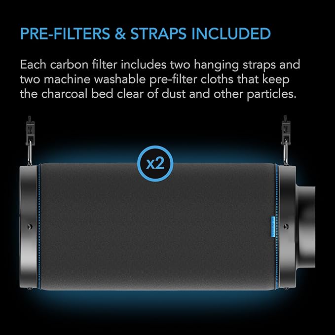 AC Infinity Air Carbon Filter XL 8", with Premium Australian Virgin Charcoal, Pre-Filter and Rope Hangers, Odor Scrubber fit for Inline Duct Fan, Odor Control, Hydroponics
