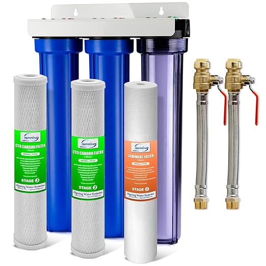 iSpring WCB32+AHPF12MNPT12X2 Whole House Water Filter System, Reduces up to 99% Chlorine, 3-Stage Water Filtration System w/Clear 1st-Stage Housing & 3/4" Push-fit Stainless Steel Hose Connectors