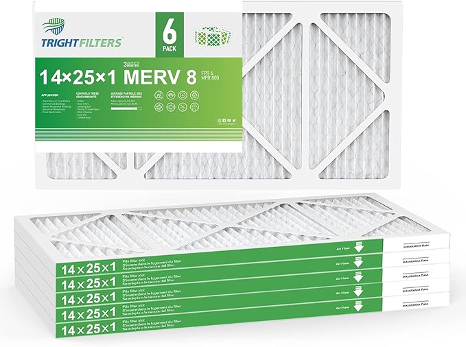 14x25x1 Air Filter 6 Pack, Durable MERV 8 Pleated Home HVAC AC Furnace Filters, Lightweight Compact Air Conditioner Filter Replacement