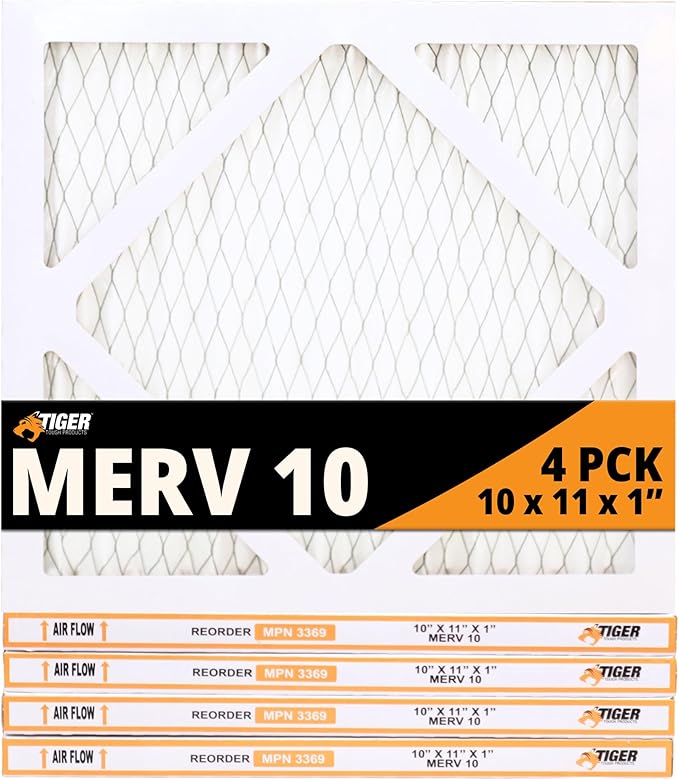 Tiger Tough MERV 10 Air Filters, 10x11x1 – MPR 1000 Pleated HVAC AC Furnace Filter Replacement, Pack of 4