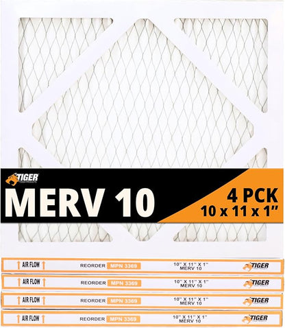 Tiger Tough MERV 10 Air Filters, 10x11x1 – MPR 1000 Pleated HVAC AC Furnace Filter Replacement, Pack of 4