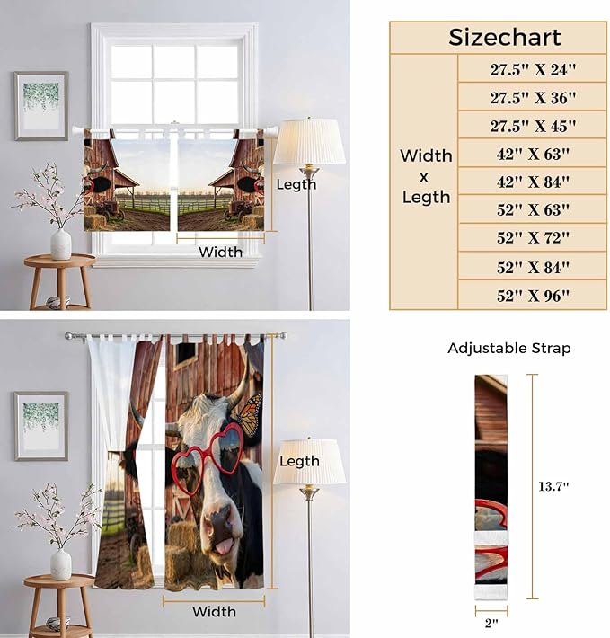 Farm Cows Living Room Curtains 96 Inch Length, Window Curtains Tab Top, Farmhouse Barn Funny Animals Butterfly Light Filtering Window Treatments Drapes 52"x96" 2 Panel