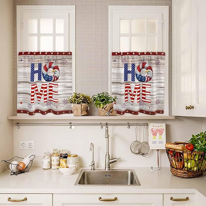 4th of July Kitchen Curtains Set 3 Piece for Windows,Rod Pocket Valance and Tier Set 36 Inch Length,Stars Striped Farmhouse American Flag Wood Grain Light Filtering Cafe Curtains for Living Room