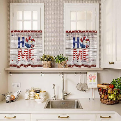 4th of July Kitchen Curtains Set 3 Piece for Windows,Rod Pocket Valance and Tier Set 36 Inch Length,Stars Striped Farmhouse American Flag Wood Grain Light Filtering Cafe Curtains for Living Room