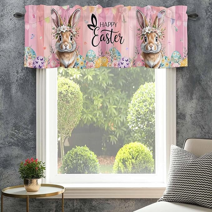 Easter Curtain Valances for Windows, Kitchen Valance Window Treatment, Spring Rabbit Eggs Flowers Flags Leaves Wood Grain Light Filtering Block Curtains for Bathroom/Bedroom/Living Room 60'' x 18''