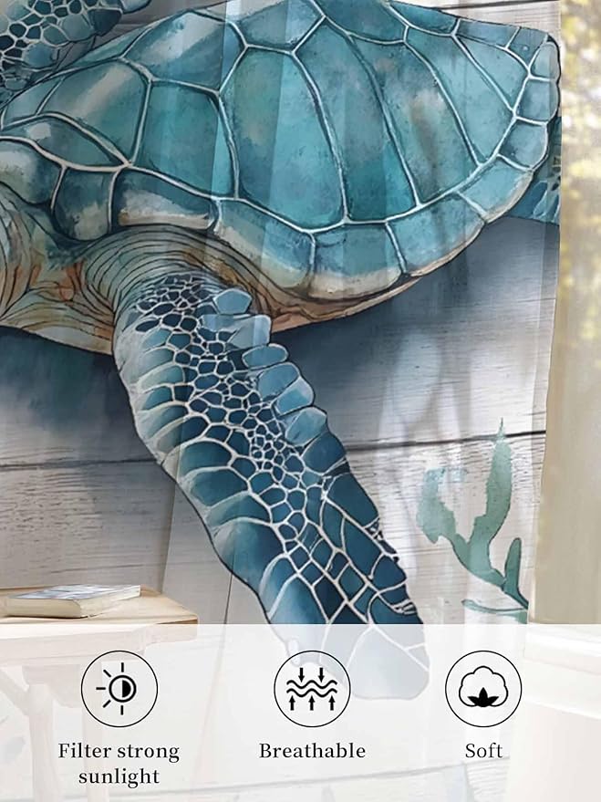 Sheer Curtains 108 Inches Long, Teal Green Sea Turtle Semi Sheer Curtains Light Filtering Window Treatment, Summer Ocean Seaweed Wood Grain Privacy Voile Drapes for Living Room Bedroom 52x108 Inch