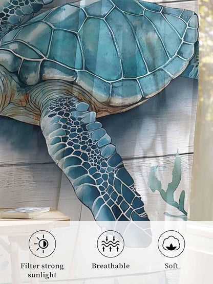 Sheer Curtains 54 Inch Length, Teal Green Sea Turtle Semi Sheer Curtains Light Filtering Window Treatment, Summer Ocean Seaweed Wood Grain Privacy Voile Drapes for Living Room Bedroom 52x54 Inch