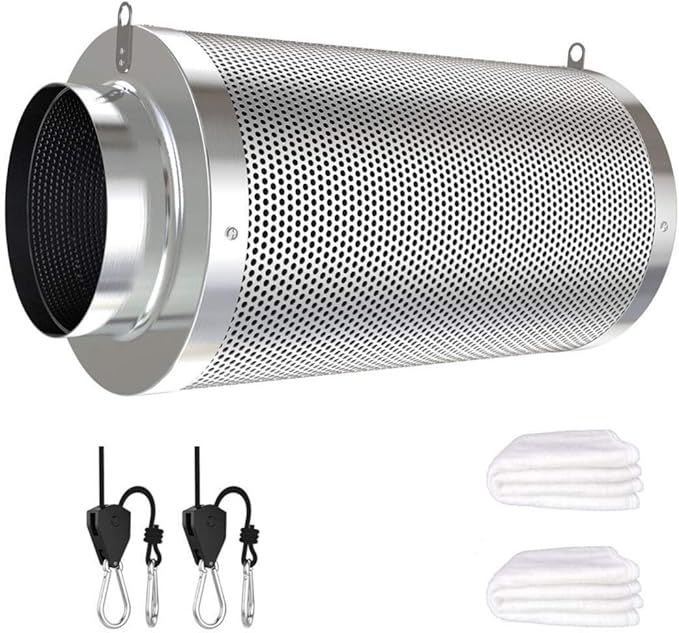 4inch Carbon Filter Odor Control with Australia Virgin Charcoal Two Prefilter 1 Pair Rope Hanger Included for Inline Duct Fan, Grow Tent, Hydroponics, Odor Scrubber