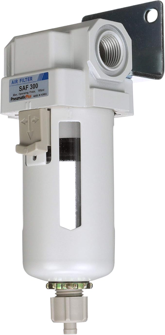 PneumaticPlus SAF300-N03B Compressed Air Particulate Filter 3/8" NPT, 10 Micron, Poly Bowl, Manual Drain, Bracket
