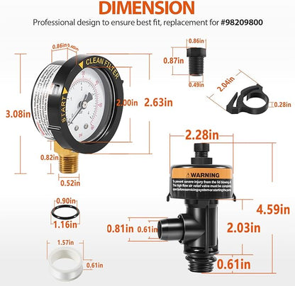 98209800 High Flow Manual Relief Valve/Air Relief Manual Valve Assembly with Pressure Gauge, Replacement for Pool and Spa Filter (2 PACK-98209800)