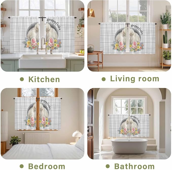 Easter Bunny Kitchen Curtains 45 Inch Long 2 Panel Set,Rod Pocket Window Treatment,3D Optical Illusion Farmhouse Flower Wood Grain Light Filtering Short Curtains & Drapes Laundry 52"W x 45"L