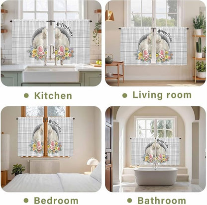 Easter Bunny Kitchen Curtains 54 Inch Long 2 Panel Set,Rod Pocket Window Curtains Panels,3D Optical Illusion Farmhouse Flower Wood Grain Light Filtering Drapery Draperies for Bathroom 52"W x 54"L