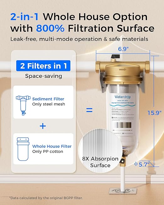 Waterdrop Mega Spin Down Sediment Filter, Reusable Whole House Water Filter System with Larger Capacity, 2 in 1 Dual 100+5 Micron Filtration, Anti-Clogging, 1" MNPT + 3/4" FNPT, BPA Free