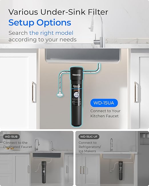 Waterdrop 15UA Under Sink Water Filter System, 2 Years, Reduces Lead, Chlorine, Bad Taste & Odor, Under Counter Water Filter Direct Connect to Kitchen Faucet, NSF/ANSI 42 Certified, USA Tech