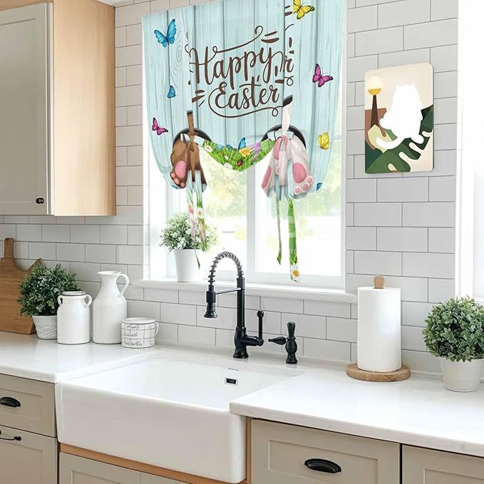 Tie Up Curtains,Happy Easter Bunny Butt Egg Floral Adjustable Rod Pocket Window Shade Curtain Drape Spring Plant on Aqua Wood Tie-Up Valance for Kitchen Bedroom Living Room Windows,52"x63"