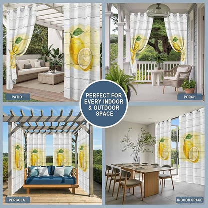 Lemons Yellow Summer Fruit Vintage Wood Outdoor Curtains for Patio Waterproof Outside Curtains with Grommet Top Weatherproof Curtain for Cabana Pergola Gazebo, 1 Panel, 54" W x 108" L