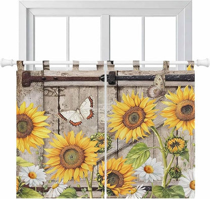 Farmhouse Sunflowers Bedroom Curtains 63 Inch Length, Window Curtains Tab Top, Rustic Barn Doors Flowers Butterfly Wooden Light Filtering Window Treatments Drapes 42"x63" 2 Panel