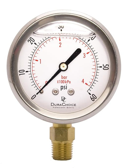 2-1/2" Oil Filled Pressure Gauge - Stainless Steel Case, Brass, 1/4" NPT, Lower Mount Connection, 0-60PSI