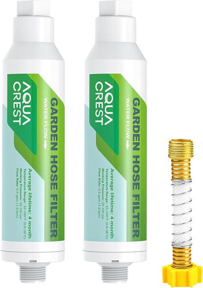AQUA CREST Garden Hose Water Filter for Plants, Greatly Reduces Chlorine, Odor, Improve Plants Health, Ideal for Organic Gardening, Farming and Pets, Pack of 2, with Hose Protector