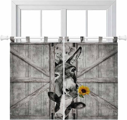 Funny Farm Animals Bedroom Curtains 63 Inch Length, Window Curtains Tab Top, Vintage Barn Grey Sunflowers Light Filtering Window Treatments Drapes 42"x63" 2 Panel