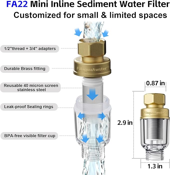 FA22 MINI Brass Sediment Filter, 50 Micron, Reusable Water Filter, Anti Scale, Anti Clothes Yellow, Traps Rust/Mud/Sand, Compact Portable