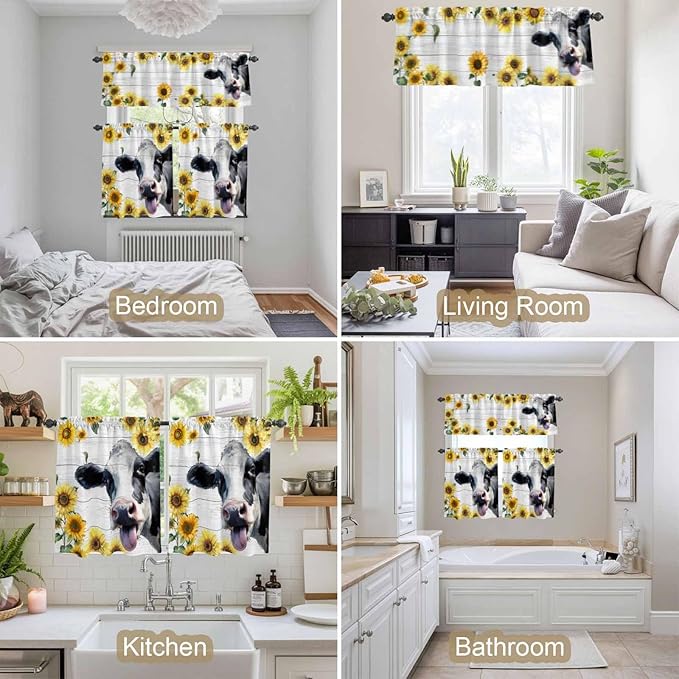 Kitchen Curtains Tiers and Valance Set of 3, Cow Sunflowers Light Filtering Window Curtain Set, Farmhouse Animals Plants Wooden Grain Rod Pocket Curtain Drapes for Cafe, Living Room, 24 Inches Tiers