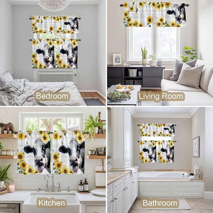 Kitchen Curtains Tiers and Valance Set of 3, Cow Sunflowers Light Filtering Window Curtain Set, Farmhouse Animals Plants Wooden Grain Rod Pocket Curtain Drapes for Cafe, Living Room, 24 Inches Tiers