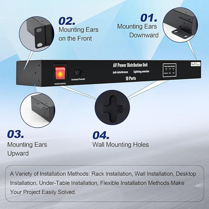 10 NEMA 5-15R Outlet Surge Protector PDU, 120V 15A 3600J 10KA, 1U Rack Mount Power Strip for Network Server Racks, AV Equipment, & More - 14AWG 6ft Cord