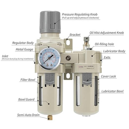 Industrial Air Compressor Filter Regulator Lubricator (FRL) Unit - 1/2 NPT Oil Water Separator with Pressure Gauge & Semi-Auto Drain for Pneumatic Systems