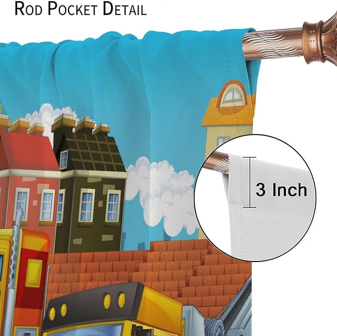 Kids Cartoon Construction Window Curtains, Funny Construction Site Cars and Helicopter Rod Pocket Decorative Windows Curtain for Children Teens Room Decor 63x72in (30% Blackout)