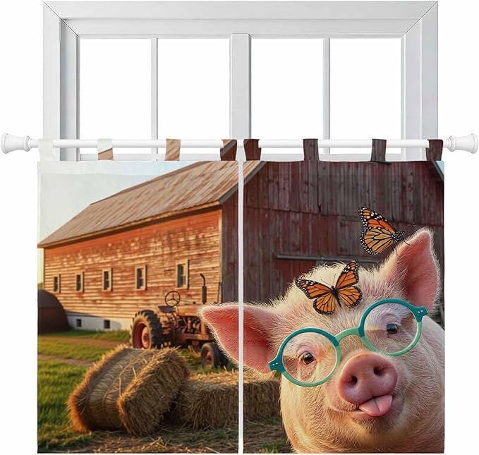 Farm Pig Kitchen Curtains 45 Inch Length, Short Cafe Window Curtains Tab Top, Farmhouse Barn Funny Animals Butterfly Light Filtering Window Treatments Tier Drapes 27.5"x45" 2 Panel