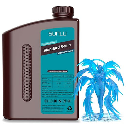SUNLU 3D Printer Resin 2kg, Fast Curing Standard 3D Resin for Most Resin 3D Printers, 395 to 405nm UV Curing 3D Printing Liquid Photopolymer Resin, Low Shrinkage and High Precision, 2000g, Clear Blue