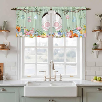 Easter Kitchen Tier Curtains 36 Inch Long 2 Panel Set,Rod Pocket Half Window Curtains Over Sink,Spring Watercolor Bunny Eggs Wooden Grain Green Light Filtering Short Drapes Cafe 27.5"W x 36"L
