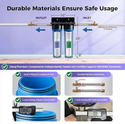 iSpring WGB22B-DS+AHPF12MNPT16X2 2-Stage Whole House Water Filter System w/ 3/4'' Push-Fit Braided Stainless Steel Hose Connectors, Reduces Scale, Corrosion, Chlorine, Taste, Odor