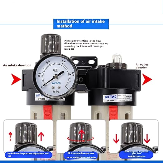 Compressed Air Filter Regulator Lubricator Combo Airtac BFC4000 1/2''NPT 0-140 PSI with Pressure Gauge Semi-Auto Drain 3 in 1 Two FR.L Unit