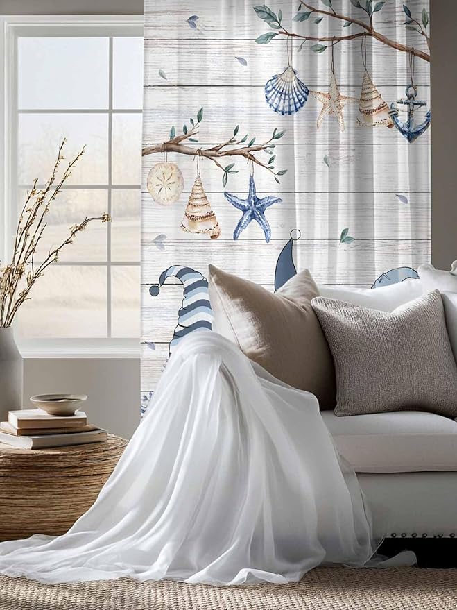 Sheer Curtains 72 Inches Long, Coastal Eucalyptus Semi Sheer Curtains Light Filtering Window Treatment, Ocean Blue Gnomes Starfish Leaf Wood Grain Privacy Voile Drapes for Living Room 52x72 Inch